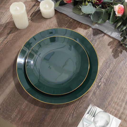 10 Pack 8" Glossy Hunter Emerald Green Round Plastic Salad Plates With Gold Rim, Disposable Appetizer Dessert Party Plates