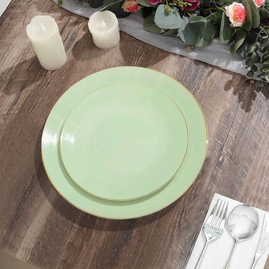 10 Pack 8" Glossy Sage Green Round Plastic Salad Plates With Gold Rim, Disposable Appetizer Dessert Party Plates